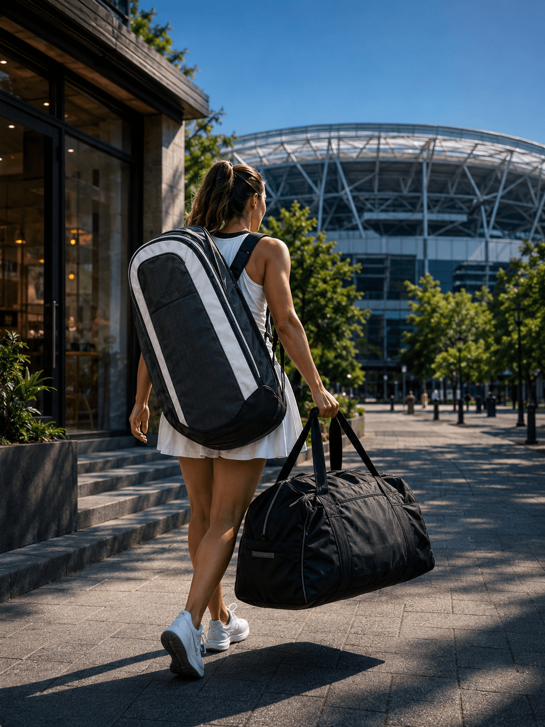 Athlete walking toward stadium accommodation